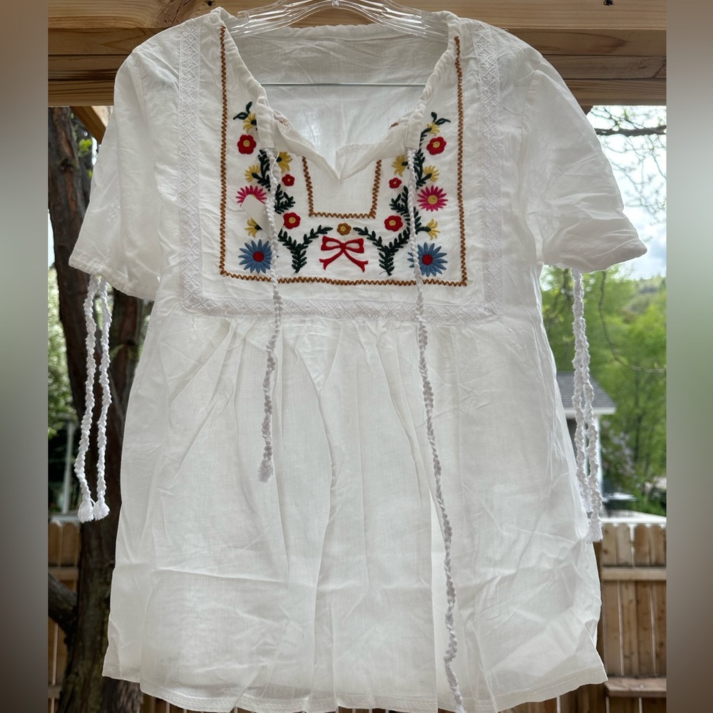 Bohemian Boho Embroidered Crocheted babydoll Blouse Top Short Sleeve small/mediu